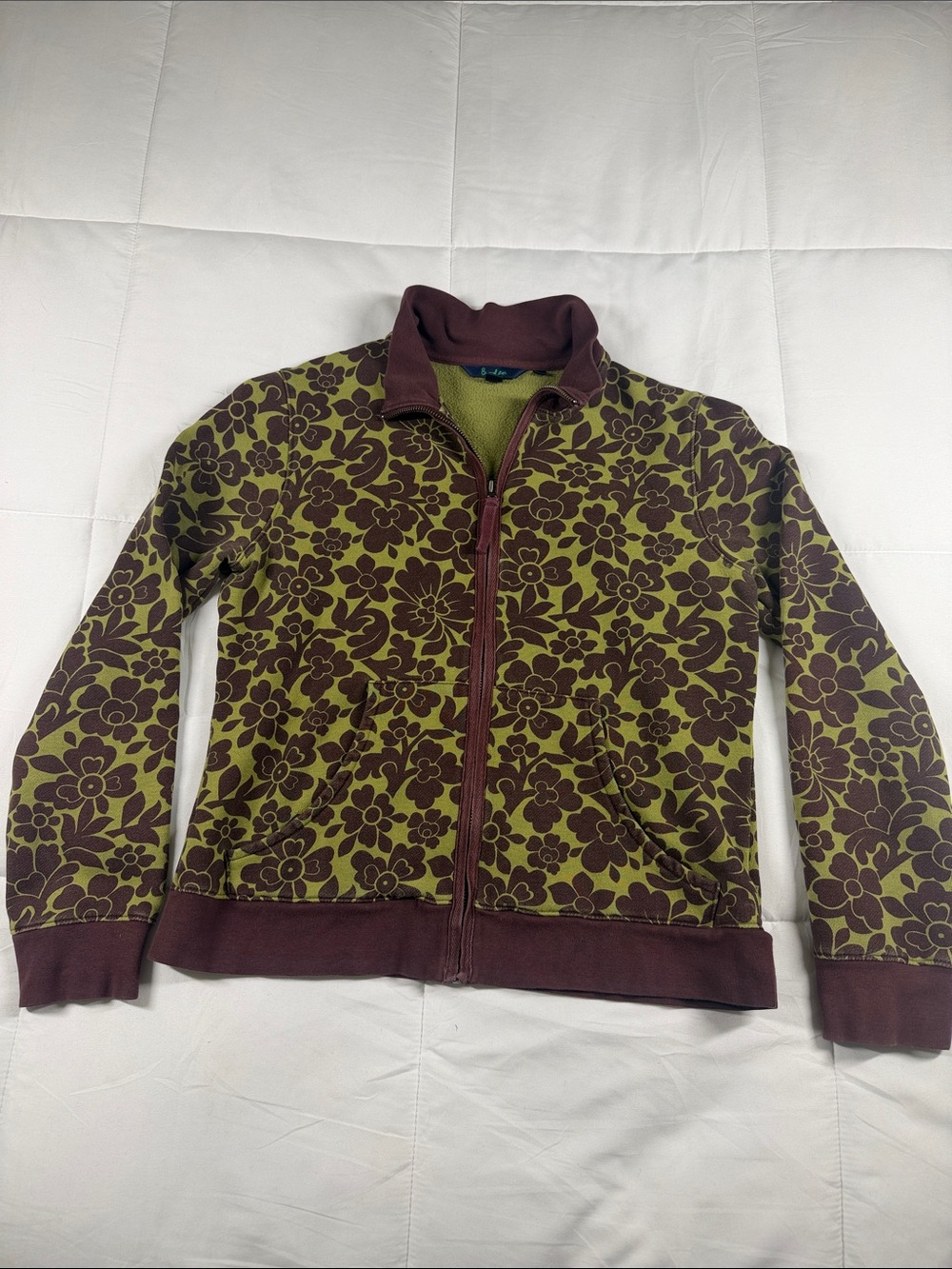 Boden Olive & Brown Floral Full Zip Sweatshirt Jacket. M